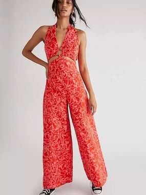 ✨ Free People Kira Jumpsuit XS Red Orange Pink Print Halter Wide Leg Boho Romper